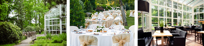 Wintergarten und Außenbereich mit Tischen