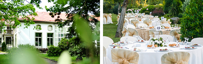 Gartenbereich und eingedeckter Tisch bei Hochzeit