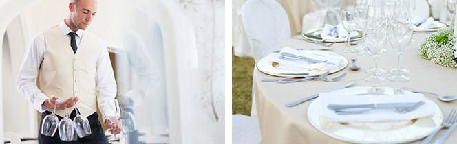 Kellner und eingedeckter Tisch bei Hochzeit